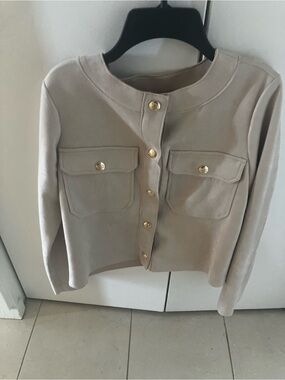 Vince Camuto Neutral Beige Gold-Button Collarless Jacket